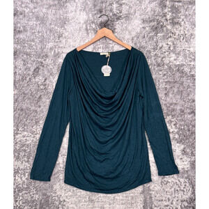 New Chalet Top Large Womens Green Drape Front Long Sleeve Blouse